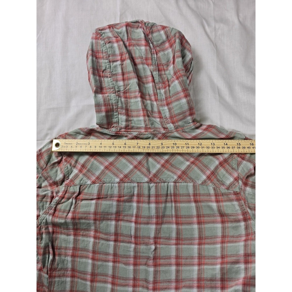 Columbia Shirt Womens Medium Green Plaid Hooded Button Up Roll Tab Long Sleeve - Picture 8 of 10